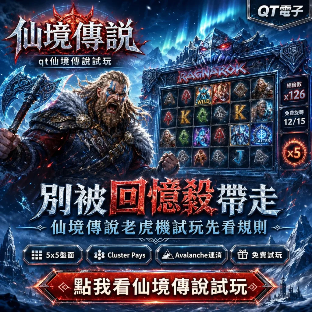 QT仙境傳說試玩宣傳圖，展示仙境傳說老虎機遊戲介面與北歐神話風格角色，搭配QT仙境傳說試玩入口、5x5盤面、Cluster Pays、Avalanche連消及免費試玩等玩法特色，快速了解遊戲規則。