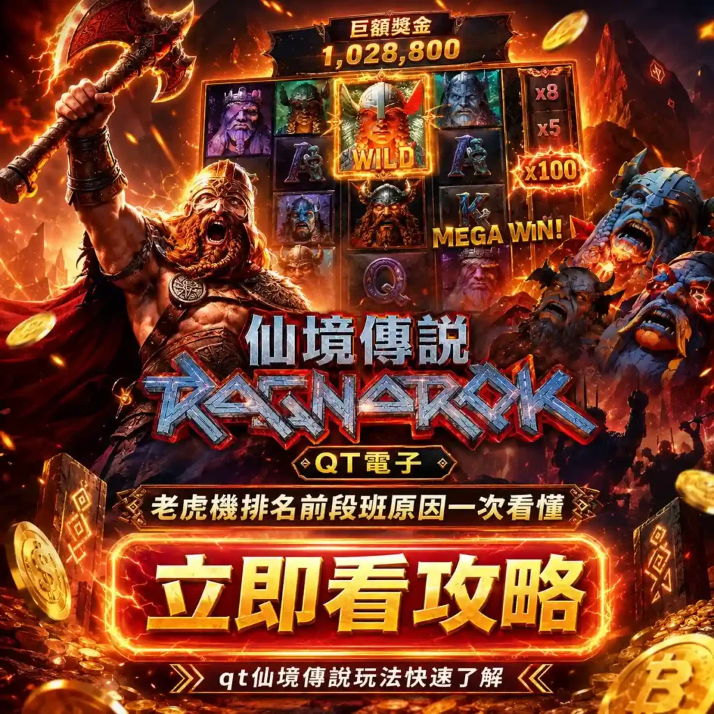 QT仙境傳說玩法主視覺，呈現維京戰士、WILD倍率與MEGA WIN老虎機畫面