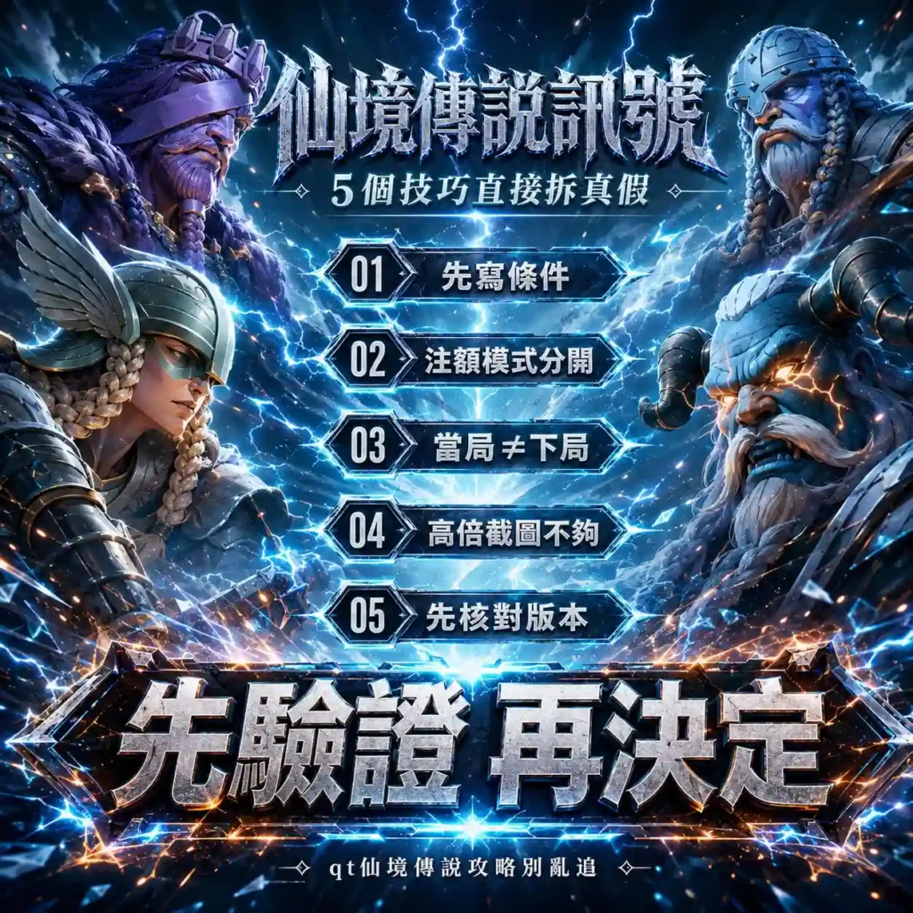 QT仙境傳說訊號五大技巧圖，整理條件判讀、注額模式、短期結果與版本核對重點